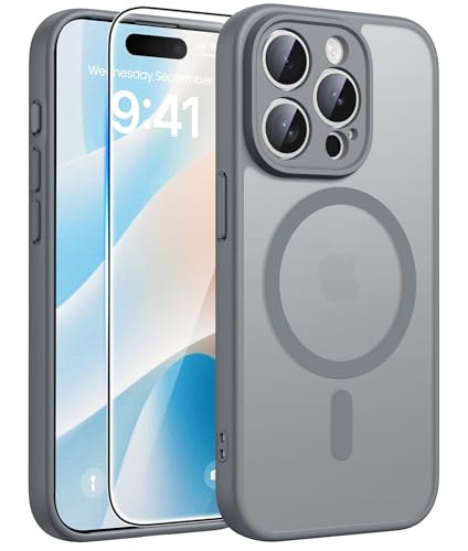 Image of FNTCASE for iPhone 15 Pro Case: [Compatible with Magsafe] Translucent Matte Cases with [Full Camera Protection] [Screen Protector] Military Grade Shockproof Protective Phone Cover - Gray