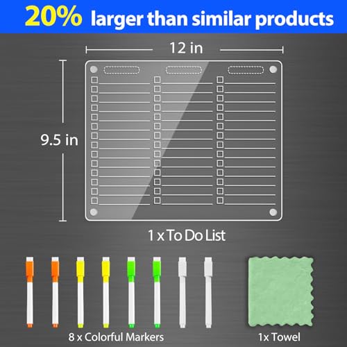 Image of PigPotParty Acrylic Magnetic to Do List Whiteboard for Refrigerator, 12x9.5 Inch Clear Dry Erase Checklist Board, 3-Column Fridge List with Pre-Installed Embedded Magnet, 8 Markers and 1 Towel