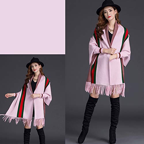 LIULIFE Tassel Shawl Spring Autumn Women's Cloak Scarf Dual-use Cardigan with Sleeves Cape Poncho,Pink-OneSize2