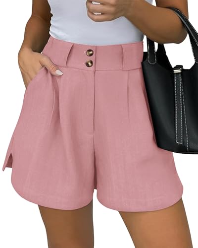 KIRUNDO Womens Shorts Dressy Casual 2026 Trendy Summer Elastic High Waisted Pleated Side Slit Business Work Shorts Pockets(Pink, Large)