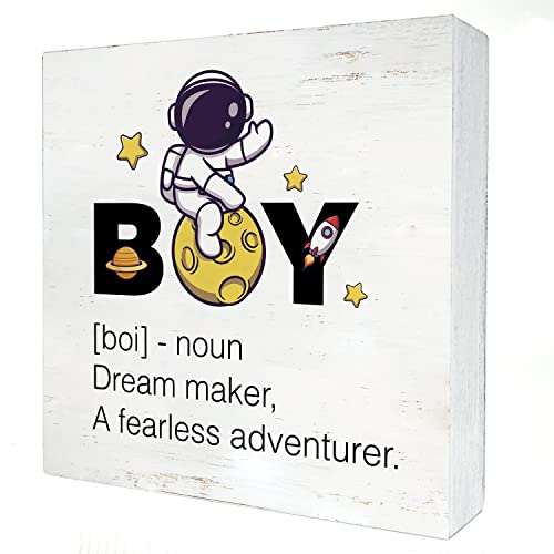 Image of Inspirational Space Nursery Wood Box Sign Space Astronaut Boy Definition Wooden Box Sign Block Plaque for Wall Tabletop Desk Home Boys Room Decoration