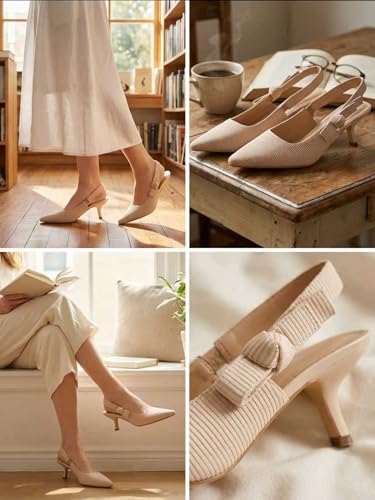 Women's Slingback Kitten Heels Closed Pointed Toe Bowknot Knitted Slip On Pumps Dress Shoes - Image 4