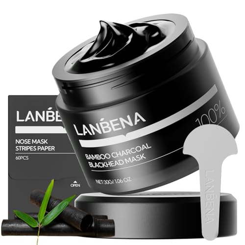 LANBENA 2.0 Bambuskohle Mitesserentfernung – 60 Stück Nasenstreifen & Peel-Off-Maske, Tiefenreinigende Porenbehandlung für Mitesser & Whiteheads Purifying Charcoal Formel für alle Hauttypen (30g)
