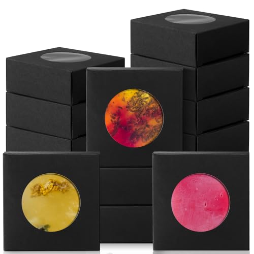 TaoBary 100 Pcs Soap Boxes for Homemade, 3 x 3 x 1.2 Inch Small Paper Gift Packaging Boxes with Window, Gift Wrappers for Soap Packaging Making Party Favor(Round,Black)