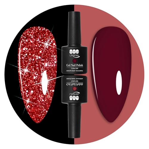 YTD Likomey UV Nagellack Glitzer,2 Pcs 7.5 ml Rot und Rot Glitzer Set Gel,Sparkle Funkelnd Shellac Farbgel Nagellac,Reflective Holographisch Diamant Maniküre Herbst Winter Weihnachtstag Gel Polish