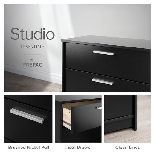 Image of Prepac Studio Essentials Nightstand Bedside Table, Black Nightstand for Bedroom, End Table with 2 Drawers and Open Shelf 16 inch D X 21.25 inch W x 26.25 inch H