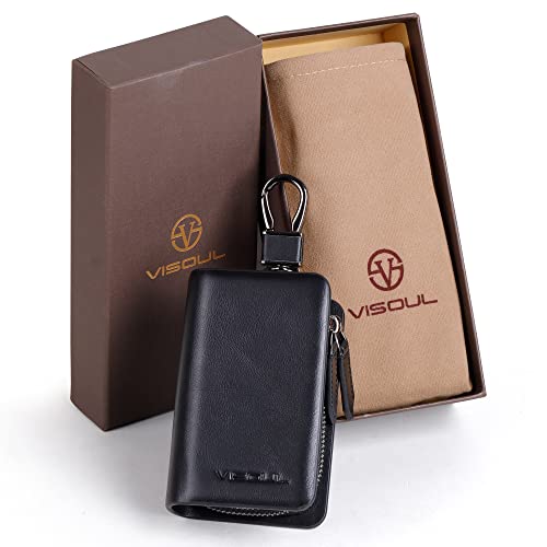 Image of VISOUL Car Key Case Holder Double Zipper, Leather Car Smart Key Fob Case with Keychain for Men and Women