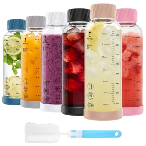 Image of Luxfuel 16 oz Glass Juice Bottles, 6 Pack Leakproof Borosilicate Glass Bottles with Measurement Marks & Stainless Steel Lids for Juicing, Smoothies - Ideal for Office Workers & Healthy Home Juicing
