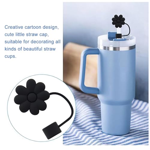 Image of Flower Silicone Straw Cover Cap for Stanley Cup,Straw Topper 10mm 0.4in Dust-Proof Reusable Straw Tips Lids,Straw Tip Covers Gift for Party Decor (Black Cherry blossom 4pcs)