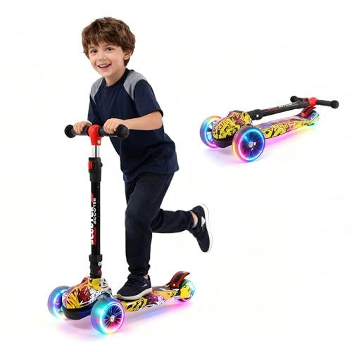 Tretroller für Kinder von 3-12 Jahren, 3-rädriger Klapproller mit höhenverstellbarem Lenker, extrabreiter Standfläche für Outdoor-Aktivitäten(Gelb)