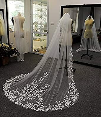 Velo de novia de tul floral premium con bordes de encaje y pétalos 3D 3