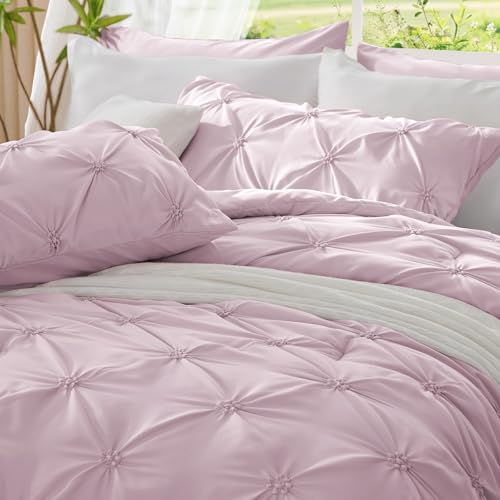 Image of BEDELITE King Comforter Set Light Purple,Lightweight & Soft Comforter | Pintuck Boho Bedding, Warm & Cute Bed Set for All Season,With 2 Pillowcases