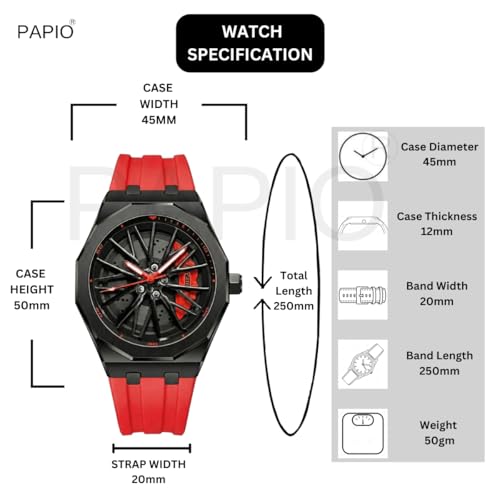 Image of PAPIO Men's Sports Analog Watch with Wheel Design Dial | Metal Case | Silicone Strap | Stylish Casual Watch for Men