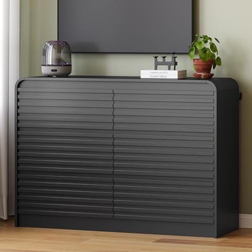 Image of 6 Drawer Dresser for Bedroom, 47 inch Wide Fluted Dresser with Curved Edge and Ergonomic Handleless, Large Wooden Clothes Storage Organizer, Modern Chest of Drawers for Closet, Living Room, Black