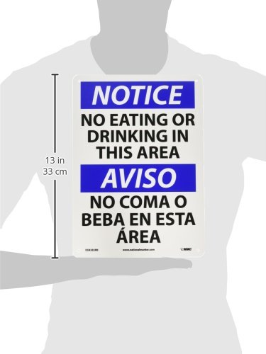 NMC ESN383RB Bilingual OSHA Sign, Legend "NOTICE - NO EATING OR DRINKING IN THIS AREA", 14" Length x 10" Height, Rigid Plastic, Black/Blue on White - Thumbnail 4