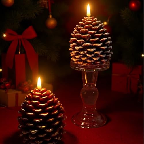 2 Stück Flammenlose Tannenzapfenkerzen, Flackernde Echtwachs Tannenzapfenkerzen, Weihnachten Tannenzapfen Kerze Flammenlos, LED Echtwachskerzen mit flackerndem Licht für Party, Weihnachtsdekoration – Bild 3