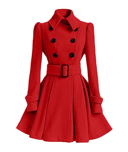Image of ECDAHICC Women Swing Double Breasted Wool Pea Coat with Belt Buckle SpringLong Sleeve Lapel Dresses Outwear(RE,XL)