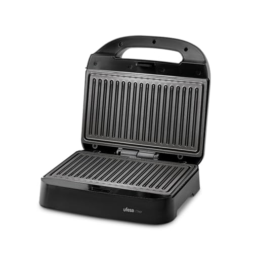 Ufesa Sandwichera Thor Compacta 750W, Placas Grill Antiadherentes, Capacidad 2 Panini, Control Automático Temperatura, Almacenamiento Vertical, Libre de PFOA, Cocina Saludable, Sistema Recogecables