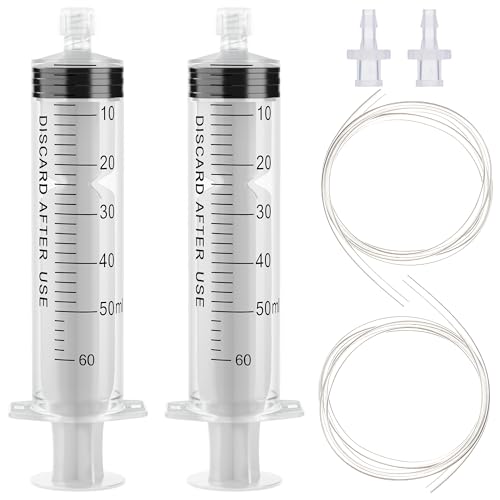 Image of 60ml Luer Lock Syringe with 39 Inch Plastic Tube and Luer Connections | 2 Pcs 39 inch Long Tubing and Luer Connections Tips for Measuring or Refilling Liquid, Ink, Oil, Feeding Pets, Watering Plant