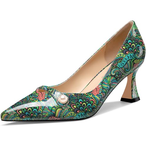 NobleOnly Womens Mid Heel Pointed Toe Slip-on Pearls Dress Pumps Glitter Casual Patent Leather Shoes 2.4 Inches Heels