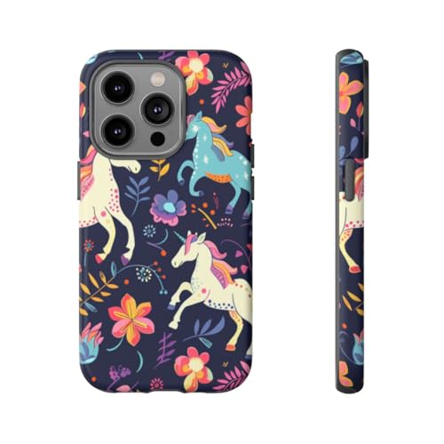 Coque rigide mate iPhone 14 Pro bleu avec motif licorne coloré et floral
