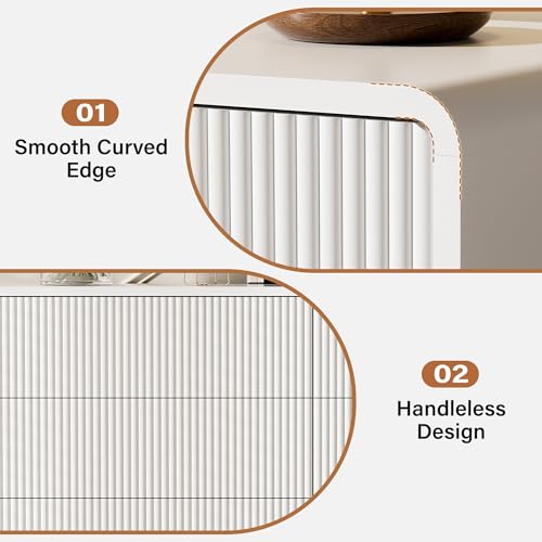Image of Furniway Bedroom Dresser Set 3 Piece, 6 Drawer Curved Dresser with 2 Nightstands, Modern Fluted Wood Storage Cabinet, White Chest of Drawers with Pop-Up Design, White