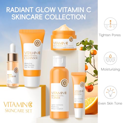 Vitamin C Skincare Gift Set, Face Skin Care Sets & Kits, Facial Kit with Cleanser, Toner, Serum, Eye Cream & Face Cream, Beauty Gifts for Teenage Girls, Anti Aging Antioxidant Rejuvenating 5pcs - Image 4