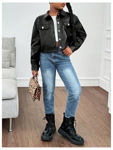 Girl's PU Leather Cropped Jacket Button Down Long Sleeve Outerwear Streetwear4