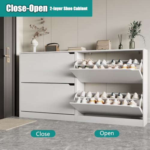 Image of Xixini Shoe Storage Cabinet for Entryway with 2 Flip Drawers, Wood Freestanding Hidden Shoe Storage, Narrow Slim Sturdy Shoe Organizer for Front Door Entrance, Living Room, Hallway, Bedroom, White