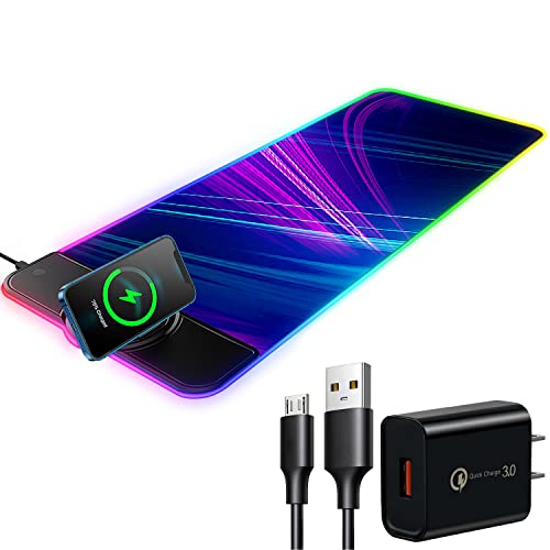 RGB Large Gaming Mouse Pad with Wireless Chargering,15W Fast Wireless Charging Desk Pad,Premium Microfiber Cloth,Non-Slip Base,10 Light Modes Keyboard Pad for Gaming,PC,Laptop 31.5" × 11.81"