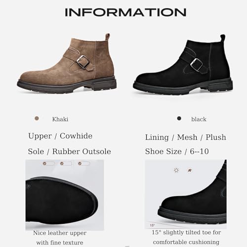 Men's Suede Buckle Low Block Heel Chelsea Ankle Boots with Zipper Retro Round Lug Sole Non-Slip Warm Plush Lining Business Chukka Booties3