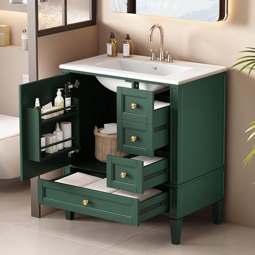 Discover the Top 10 Best 30 Inch Bathroom Vanity Options 4 Merax Modern 30' Bathroom Vanity with Sink, Freestanding Bathroom Vanity Storage Cabinet with 3 Drawers and 1 Door, Cabinet Door Organizer, Solid Wood Frame, Ceramic Sink Top