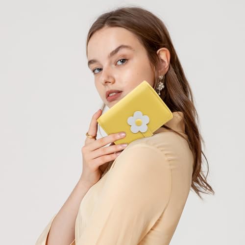 LJCZKA Cute Small Wallet for Girls Women - RFID Blocking PU Leather Tri-folded Flowers Cash Pocket with Card Holder Slim Short Wallet (Yellow)2