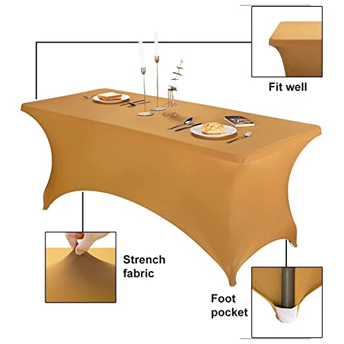 Image of FORLIFE 8FT Rectangular Spandex Tablecloth, Gold, Universal Fitted Table Cover for Wedding, Banquet, Party, Wrinkle Resistant, All-Season, Reusable, Washable