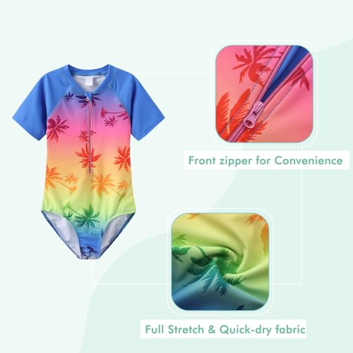 Image of Girls One Piece Swimsuits Short Sleeve Rash Guard for Girl Hawaiian Bathing Suit with Sun Protection Beachwear