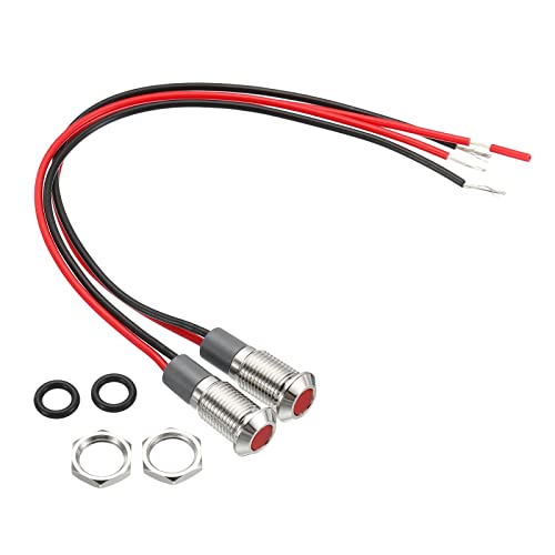 PATIKIL AC/DC 12-24V 8mm Signal Indicator Light, 2 Pack Flush Panel Mount Waterproof LED Metal Shell with 150mm Cable, Red