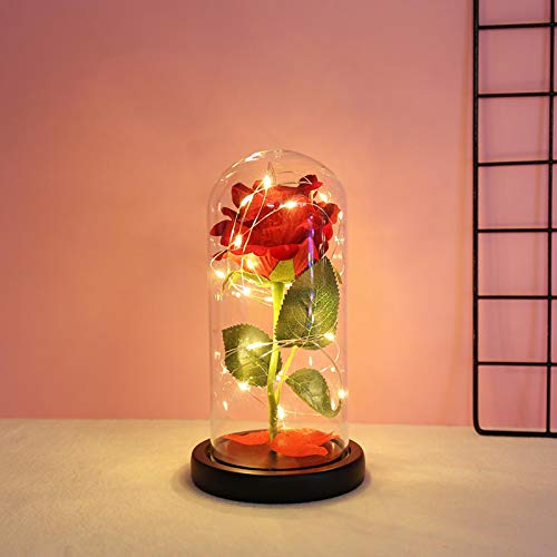 Tampa de vidro com base de madeira Adaskala rosa flor string lâmpada romântica luz noturna decoração