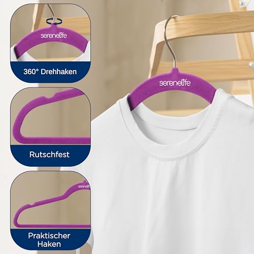 SereneLife Kleiderbügel Samt, Kleiderhaken 20er Set, Bügel Rutschfest und Platzsparend, Clothes Hangers mit Einkerbungen im Schulterbereich für Anzüge, Hemden und Krawatten, Leicht & Funktionell, Lila
