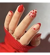 24Pcs Valentines Press on Nails Short Almond Fake Nails Red Hearts Design Acrylic Nails Glossy Gl...