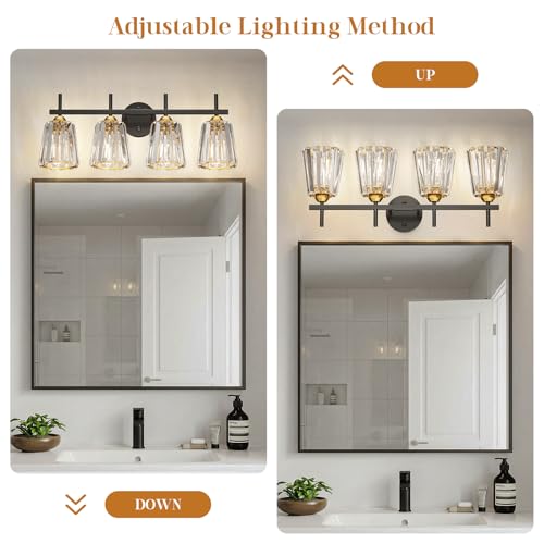 Image of Crystal Bathroom Light Fixtures Over Mirror, Black Gold 4-Light Bathroom Vanity Lights Over Mirror Modern Wall Lighting Sconces with Ceramic E26 Base (Bulbs Not Include)