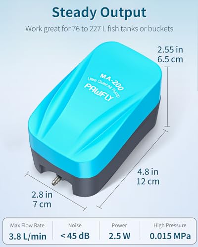 Pawfly Aquarium Air Pump 3.8 L/min Oxygen Pump for 75 to 230 litre Fish Tanks Buckets Quiet Aerator Pump Kit with Airline Tubing Control Lever Valve Air Stones and Check Valves - Image 2