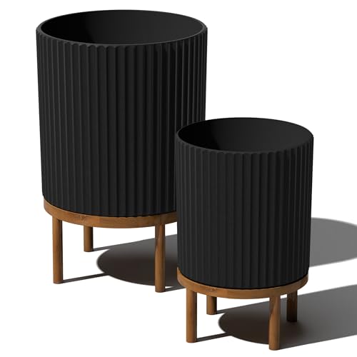 Image of Veradek Demi Series Raised Duo Planters - Set of 2 Planters with Stands | Made From a Durable Plastic-Stone Composite & Comes With Wooden Stand. Modern Porch /Patio Decor