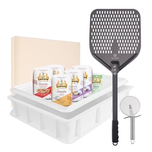 Pizza Lover Premium Pizzastein-Set mit Gärbox und Pizzamehl mit perforiertem Pizzaschieber (harteloxiert) + Pizzastein bis 800°C aus Cordierit + Pizzaschneider, Pizzateigbox & Rezeptbuch