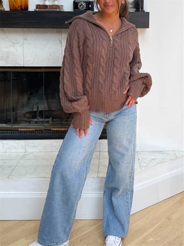 Women Cute Chunky Cable Knit Sweater Long Sleeve Quarter Zip Pullover Jumper Y2K Trendy Cozy Going Out Tops Knitwear 5