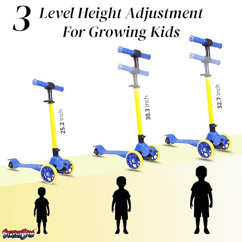 Image of STREETJAM Komiks Kids Kick Scooter for 3-12 Years, Tilt & Turn Safety Lock (1st Time in India), BIS Approved, Lean-to-Steer, Wide Deck, Adjustable Height, Up to 35 kg Load (Blue with Golden Yellow)
