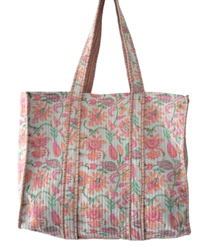 Cotton Quilted Tote Bag Hand Block Printed Floral Print Shopping Shoulder Handbag Travel Market Daily Grocery Beach Bag