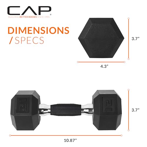 Image of CAP Rubber Coated Dumbbell Weights, Free Weights for Home Gym Strength Training, Anti-Roll Hex Dumbbells with Black, Chrome & Comfort Grip Handles, Singles