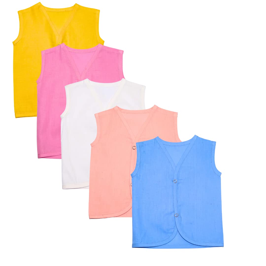 SHAKYAN Baby Boy's & Baby Girl's Pure Cotton Front Open Sleeveless Jhabla| Vest| Baby Shirt|T-Shirt with Snap Button (Set of 5) (Multicolor) (9-12 Months)