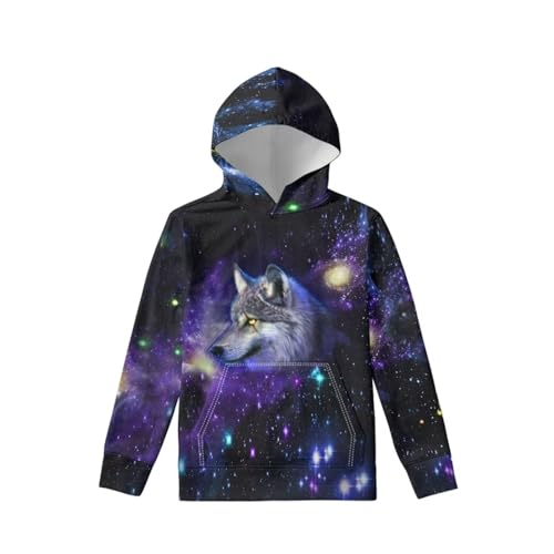 Wolf Hoodie for Kids 3D Print Galaxy Wolves Sweatshirt for Boys Teen Pullover Sweatshirts 6-16 Years with Pocket