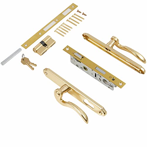 Solid Brass Lever Handle Mortise Lock Set For Screen/Storm Door Replacement, Only For Left-Hinged Outswing Door(View From Outside) Of 1 In. Or 1.38 In. Thickness, Brushed Polished Brass #TOP5